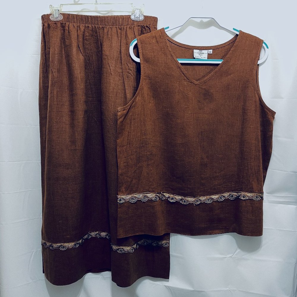 Hot Cotton Woman by Marc Ware 2 Piece Skirt Set, Sz 1x, Brown, Linen, USA  PEM22